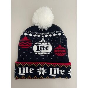 Miller Lite Ugly‎ Christmas Sweater Beanie Hat Pom Pom
